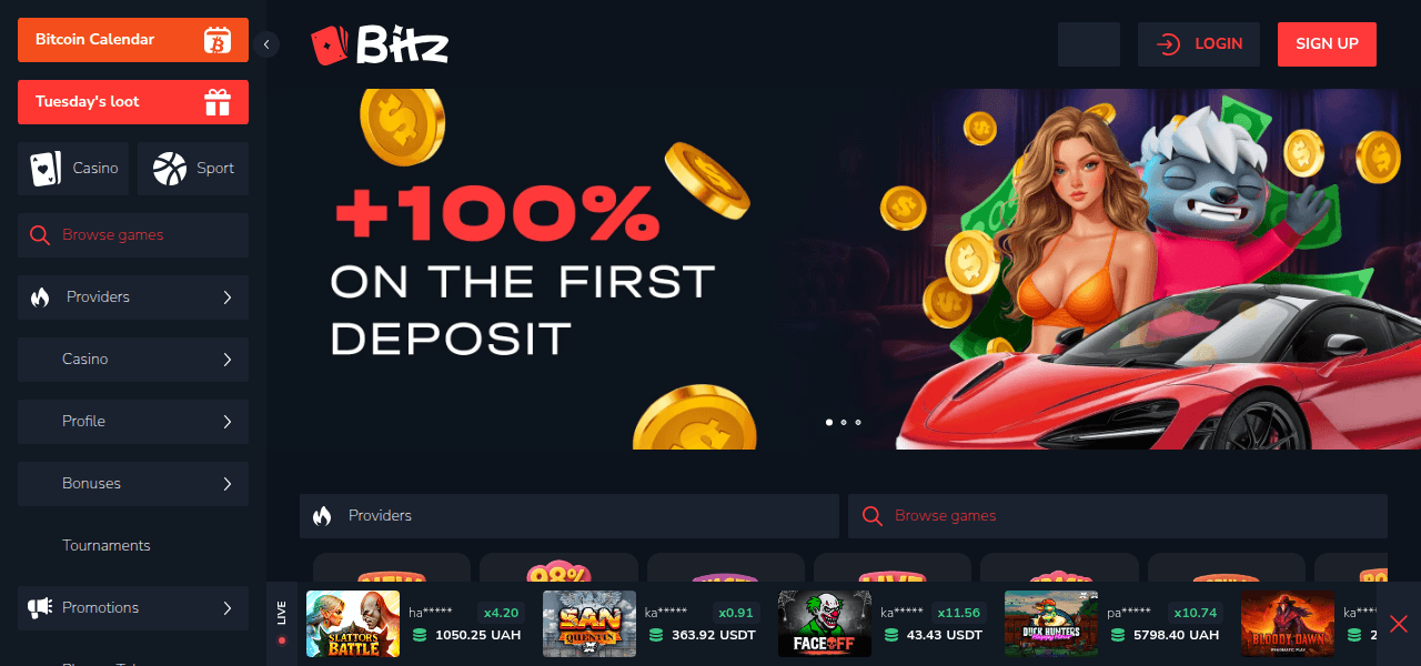 Skärmbild av Bitz startsida som visar casinots spelutbud och design