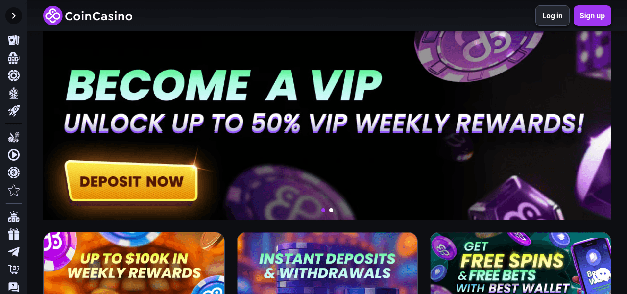 Skärmbild av CoinCasino startsida som visar casinots spelutbud och design