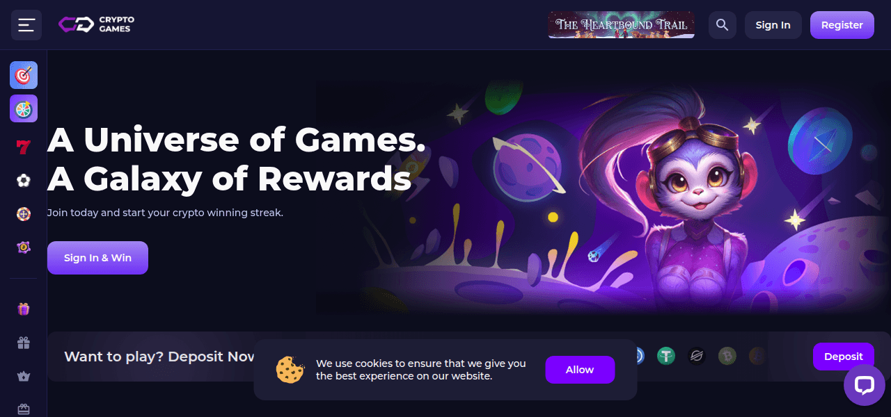 Skärmbild av Crypto-games startsida som visar casinots spelutbud och design