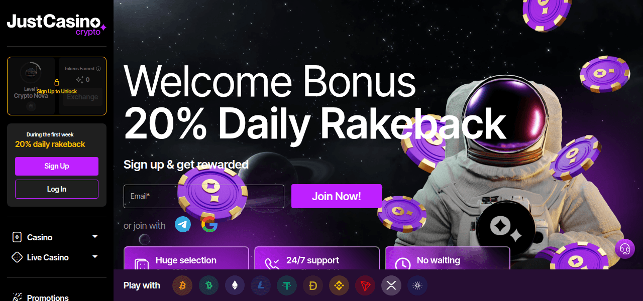 Skärmbild av JustCasino startsida som visar casinots spelutbud och design