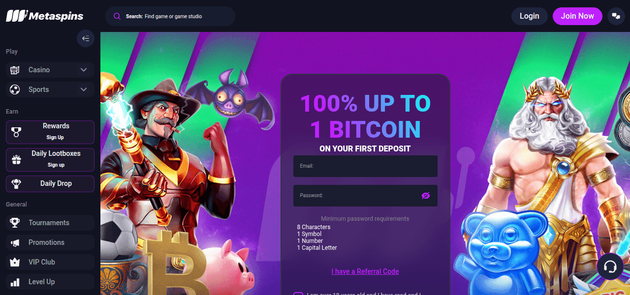 Skärmbild av Metaspins startsida som visar casinots spelutbud och design