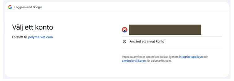 Googles inloggningssida med rubriken "Välj ett konto" där användaren kan välja ett befintligt Google-konto eller använda ett annat konto för att logga in på en extern tjänst.