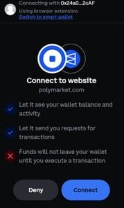 Signeringsförfrågan i Coinbase Wallet som visar plånboksadressen 0x24a0…2cAF och ber om tillåtelse att ansluta till en webbplats, med knapparna Deny och Connect.
