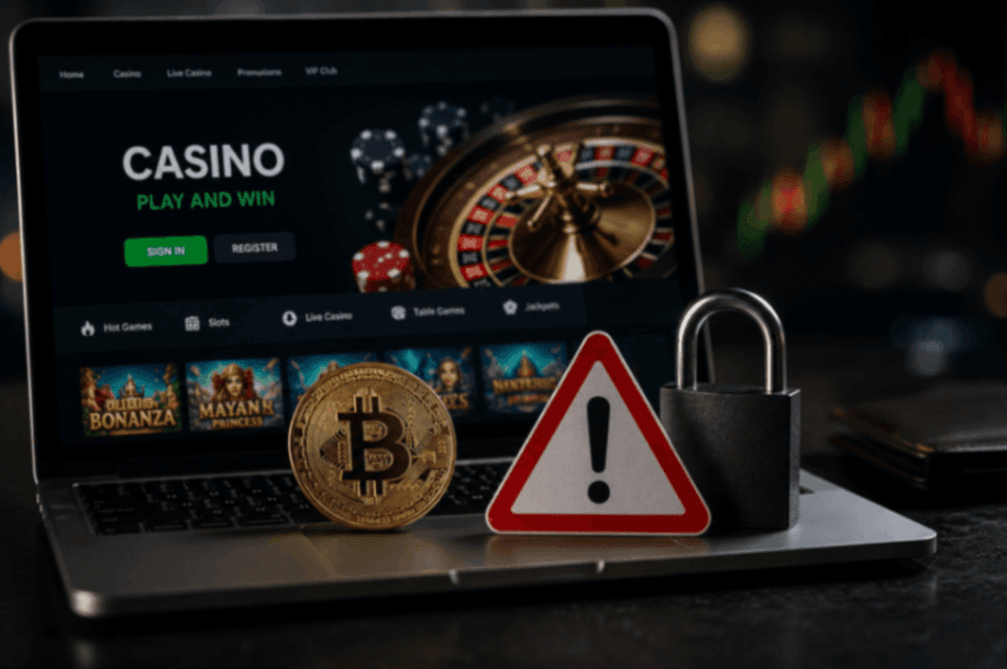 Laptop med crypto casino, Bitcoin-symbol, varningsikon och lås som visar risker med oseriösa casinon