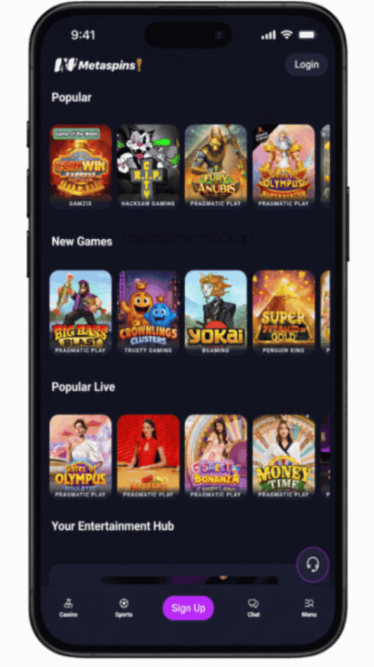 Metaspins kryptocasino, mobil startsida