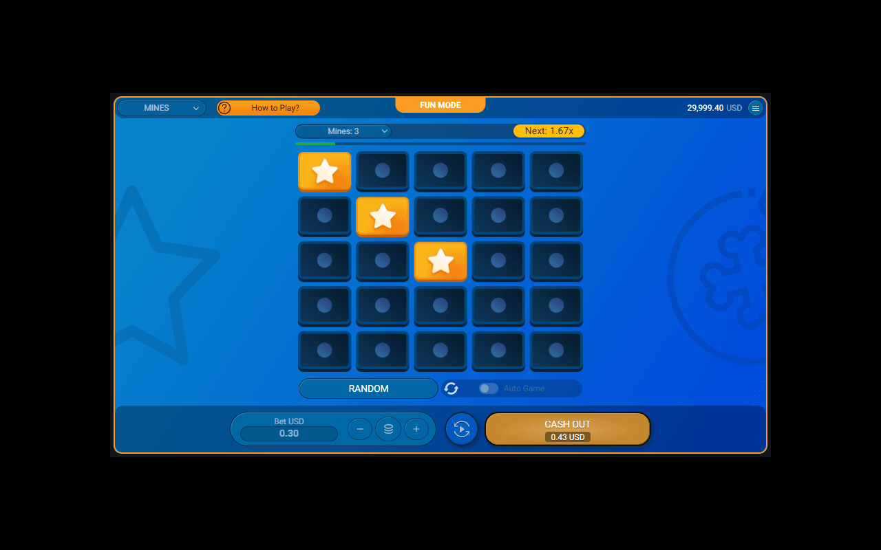 Spribes Mines-demo den 22 juli 2026: tre rutor öppnade utan mina på ett bräde med 3 minor valda, nästa ruta ger 1,67x och cash out-knappen visar 0,43 USD på insatsen 0,30