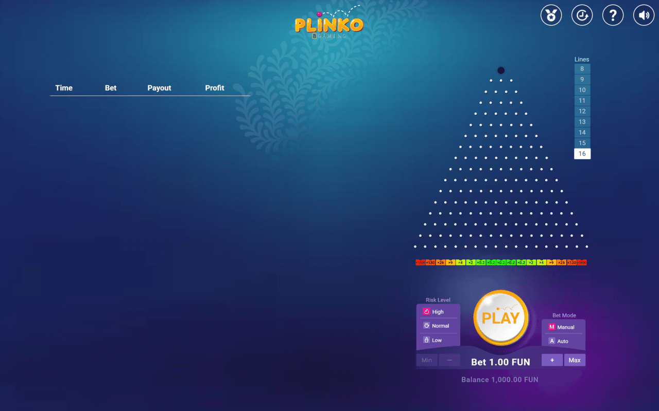 BGamings Plinko-demo den 21 juli 2026 inställd på 16 rader och hög risk, med kantfack på x1000 och mittfack på x0,2