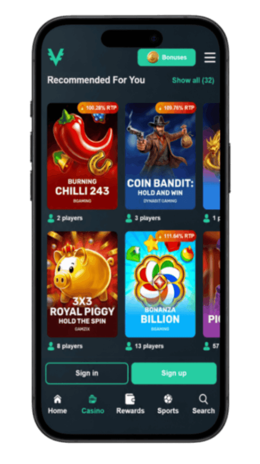 Vave kryptocasino, mobil startsida