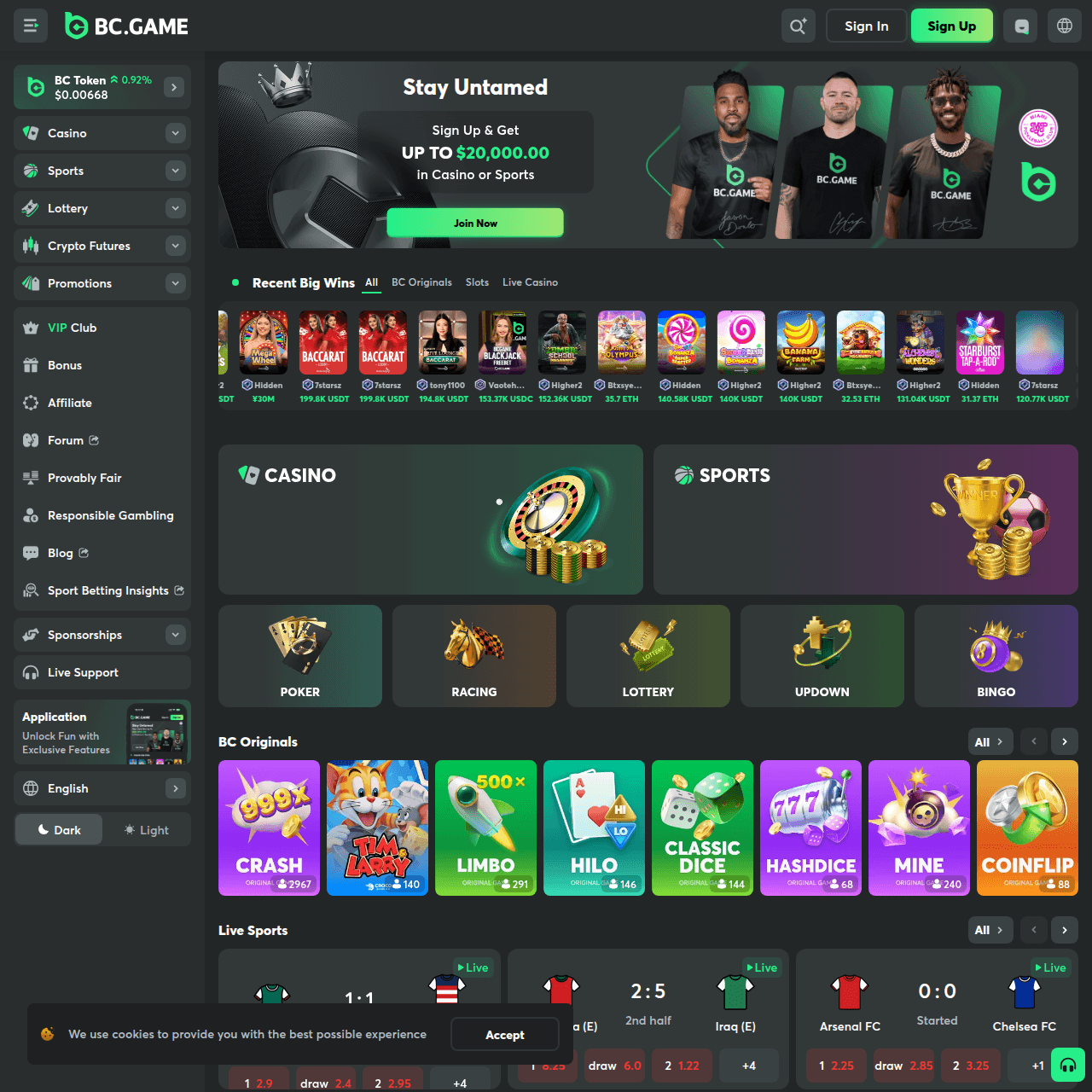 bcgames startsida och utseende