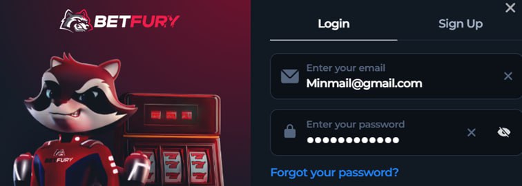 Inloggningsruta på crypto casinot BetFury med fält för e-postadress och lösenord, samt flikar för Login och Sign Up.