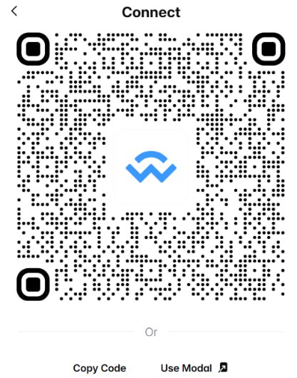 QR-kod genererad av WalletConnect som scannas med en kompatibel kryptoplånbok för att ansluta till en tjänst, med alternativen Copy Code och Use Modal.